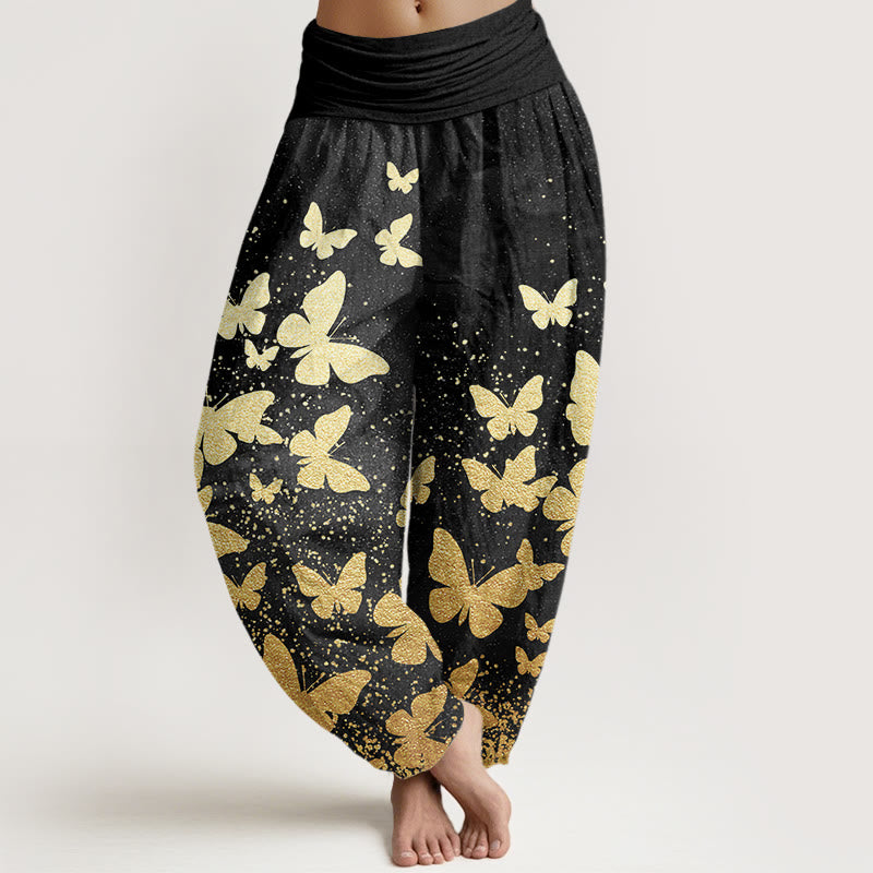 Pantalones bombachos de mujer con cintura elástica, estampado de mariposas doradas y algodón con Buddha Stones - Negro - US22，UK/AU26，EU54 (6XL) - image 7