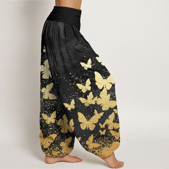 Pantalones bombachos de mujer con cintura elástica, estampado de mariposas doradas y algodón con Buddha Stones - image 8