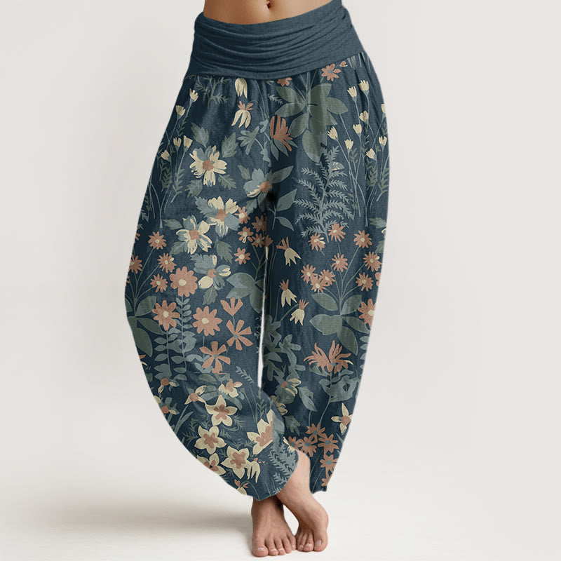 Pantalones harén con cintura elástica para mujer, diseño informal con margaritas, flores y hojas de Buddha Stones - Azul claro - US22，UK/AU26，EU54 (6XL) - image 0