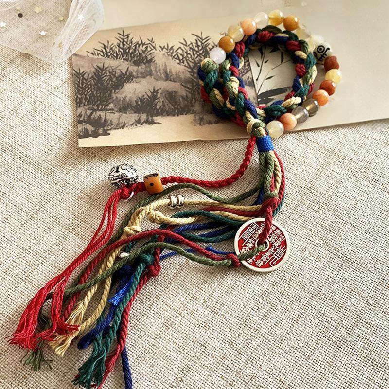 Pulsera de borlas de cuerda de color de doble capa de calcedonia colorida con Buddha Stones y fantasmas de montaña tibetanos que gastan dinero
