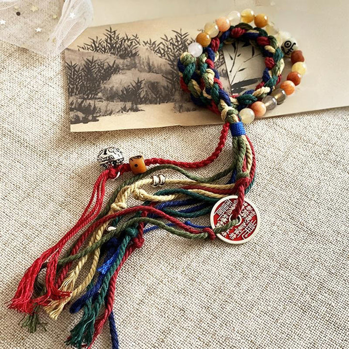 Pulsera de borlas de cuerda de color de doble capa de calcedonia colorida con Buddha Stones y fantasmas de montaña tibetanos que gastan dinero