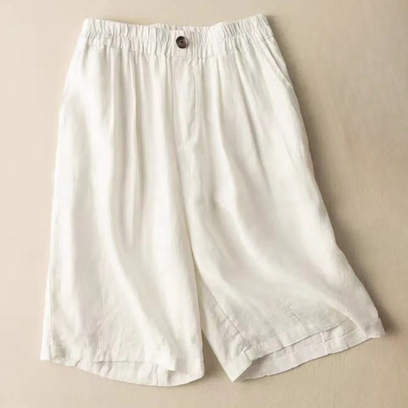 Pantalones cortos de verano informales de algodón y lino con cremallera y botones para mujer, con bolsillos y estampado de Buddha Stones - Blanco - US8-10, UK/AU12-14, UE40-42 (3XL) - image 9