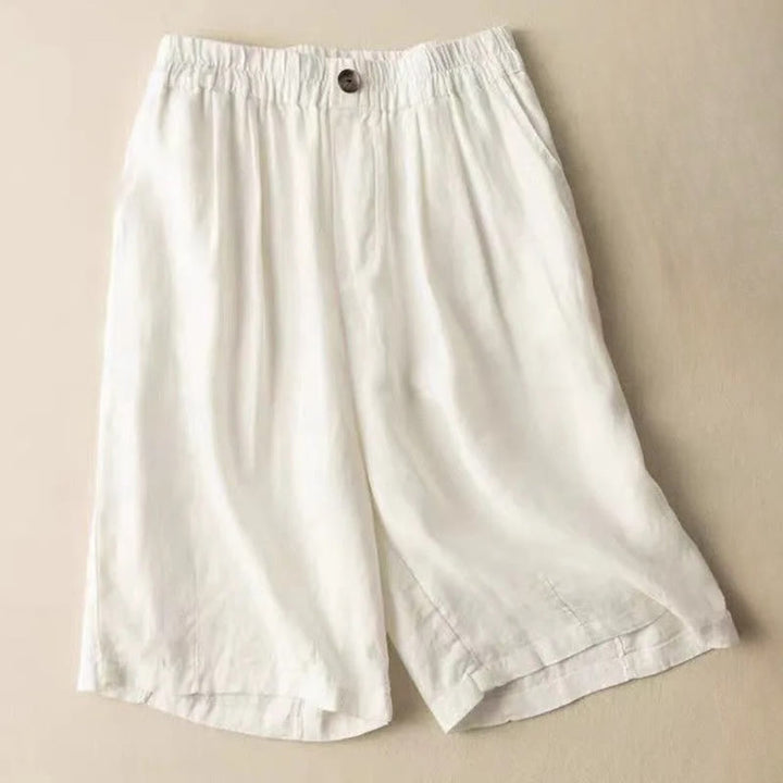 Pantalones cortos de verano informales de algodón y lino con cremallera y botones para mujer, con bolsillos y estampado de Buddha Stones - Blanco - US8-10, UK/AU12-14, UE40-42 (3XL) - image 9