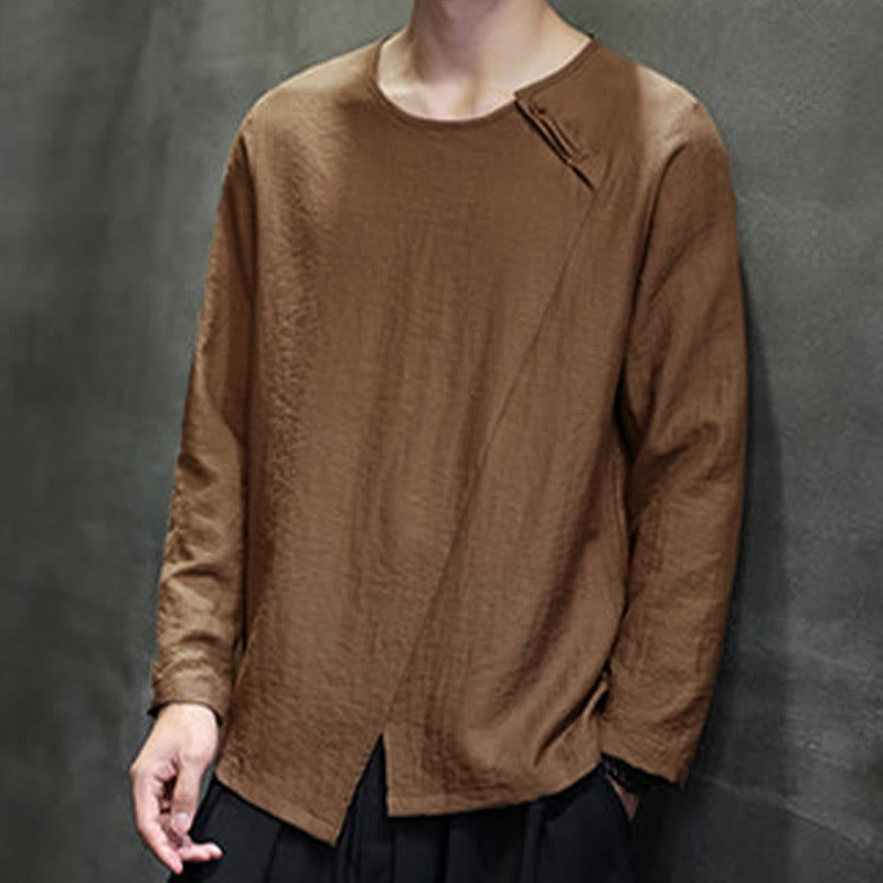 Camisas de algodón para hombre, cuello redondo, manga larga, sueltas, de color liso y con Buddha Stones - image 41