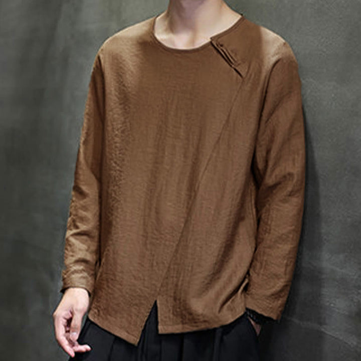 Camisas de algodón para hombre, cuello redondo, manga larga, sueltas, de color liso y con Buddha Stones - image 41