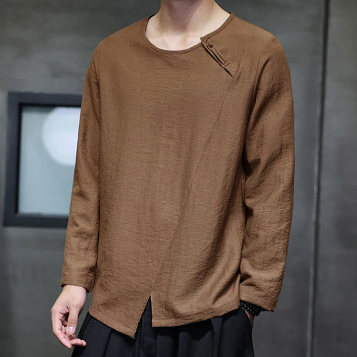 Camisas de algodón para hombre, cuello redondo, manga larga, sueltas, de color liso y con Buddha Stones - image 37