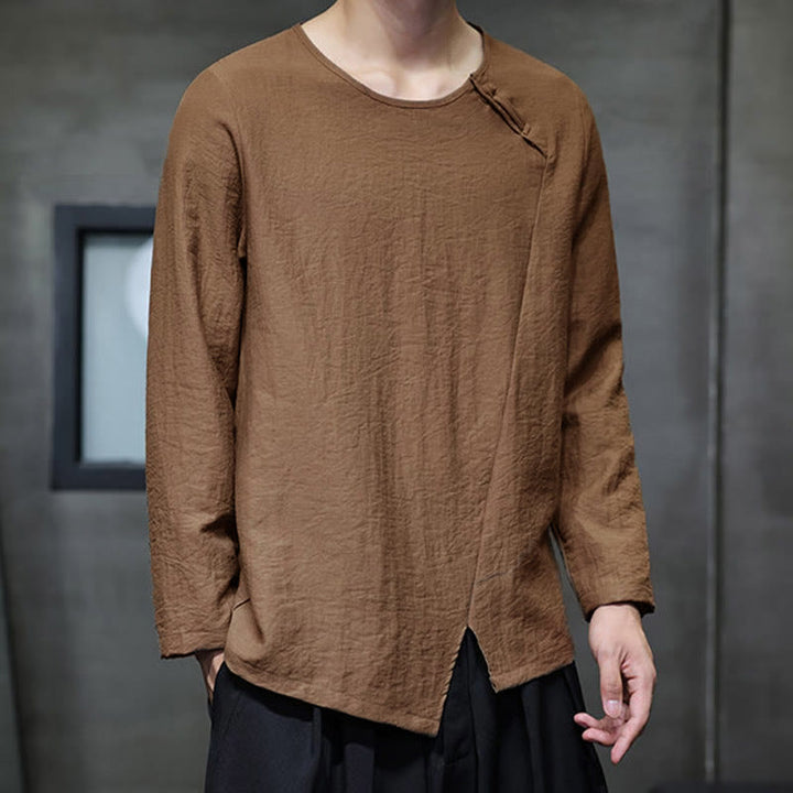 Camisas de hombre de manga larga, cuello redondo y sueltas, de color liso con Buddha Stones - image 36