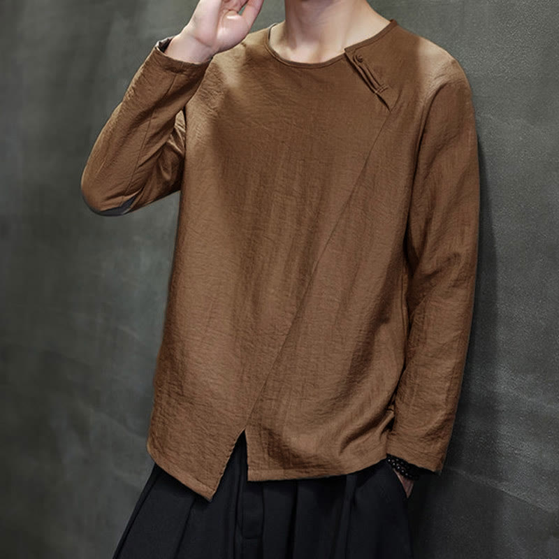 Camisas de algodón para hombre, cuello redondo, manga larga, sueltas, de color liso y con Buddha Stones - image 39