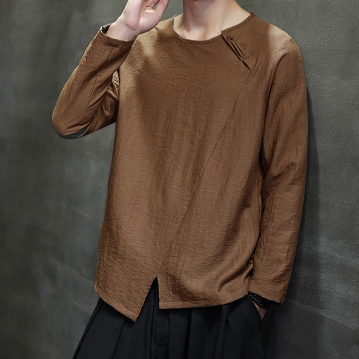 Camisas de algodón para hombre, cuello redondo, manga larga, sueltas, de color liso y con Buddha Stones - image 39