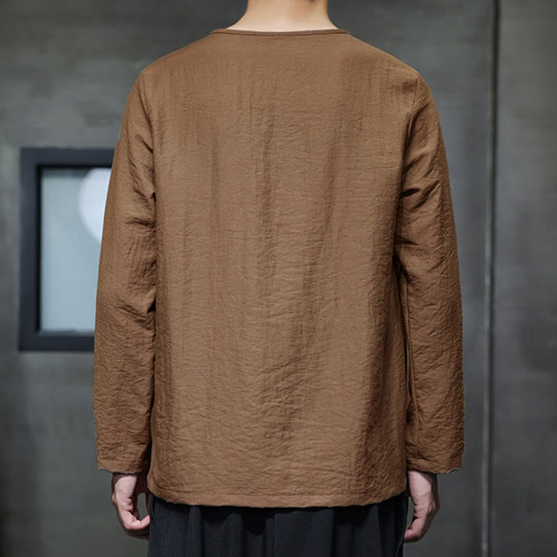 Camisas de algodón para hombre, cuello redondo, manga larga, sueltas, de color liso y con Buddha Stones - image 35