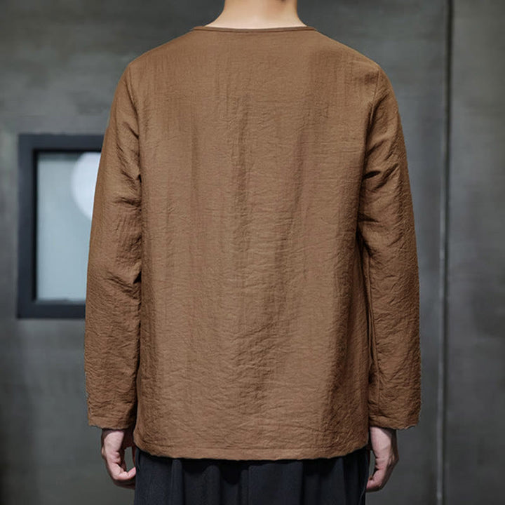 Camisas de algodón para hombre, cuello redondo, manga larga, sueltas, de color liso y con Buddha Stones - image 35