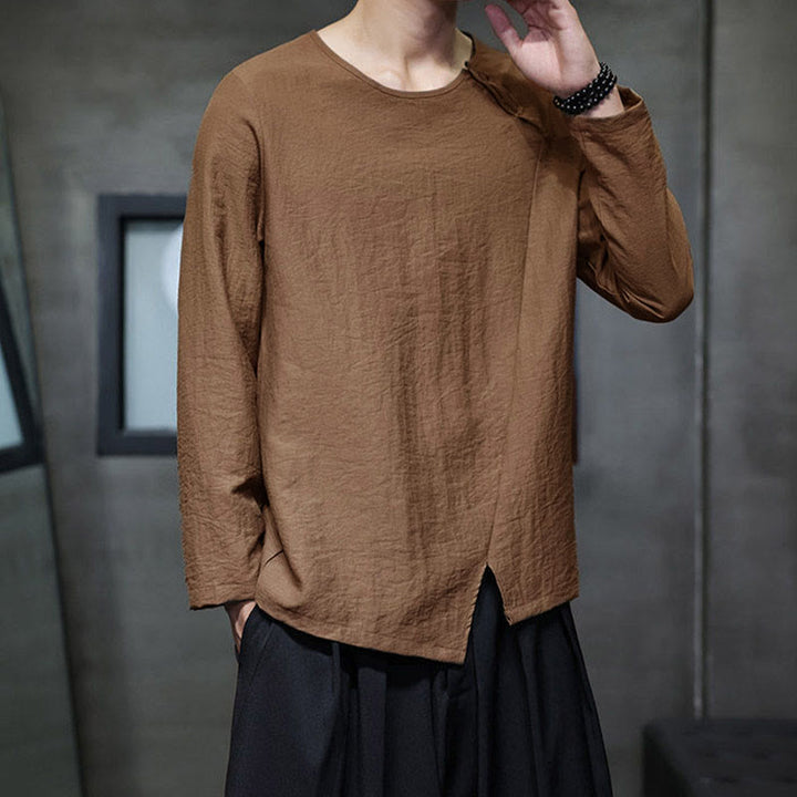 Camisas de hombre de manga larga, cuello redondo y sueltas, de color liso con Buddha Stones - image 38