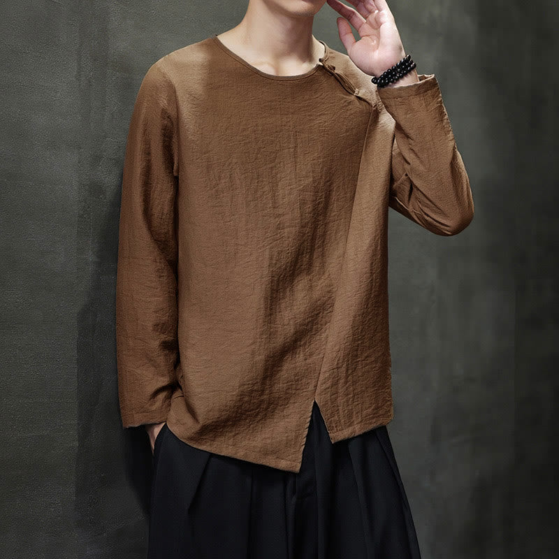 Camisas de algodón para hombre, cuello redondo, manga larga, sueltas, de color liso y con Buddha Stones - image 40