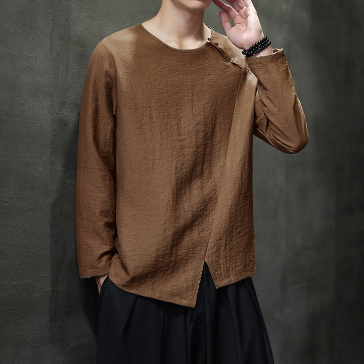 Camisas de algodón para hombre, cuello redondo, manga larga, sueltas, de color liso y con Buddha Stones - image 40