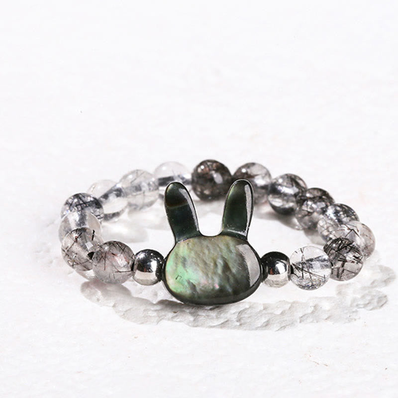 Anillo de conejo y gato con piedra Tridacna de cuarzo rutilado negro de 3 mm de Buddha Stones - Conejo (cuerda elástica de 63 mm) - image 1