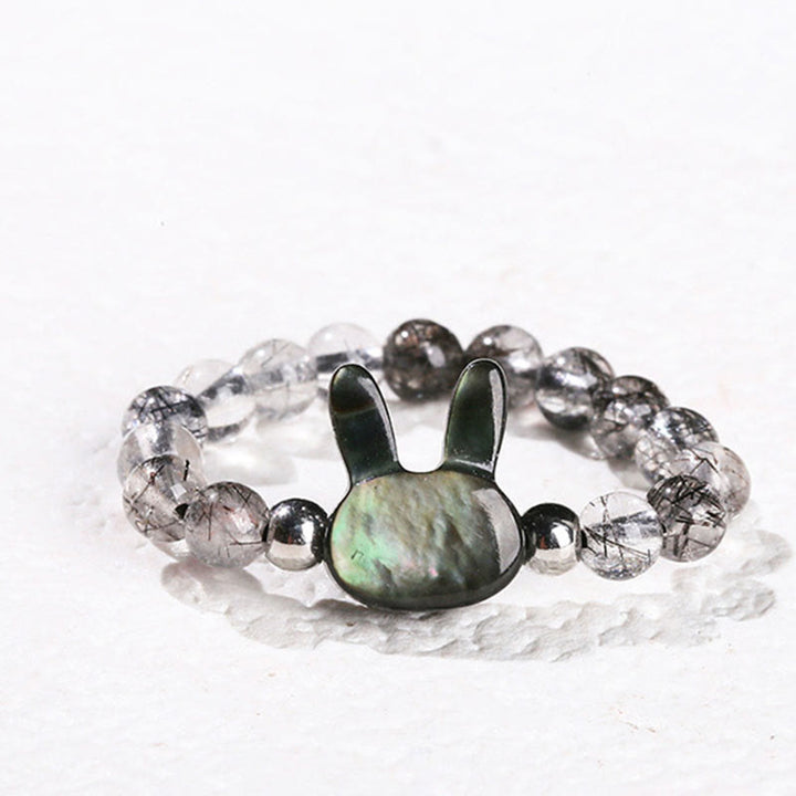 Anillo de conejo y gato con piedra Tridacna de cuarzo rutilado negro de 3 mm de Buddha Stones - Conejo (cuerda elástica de 63 mm) - image 1