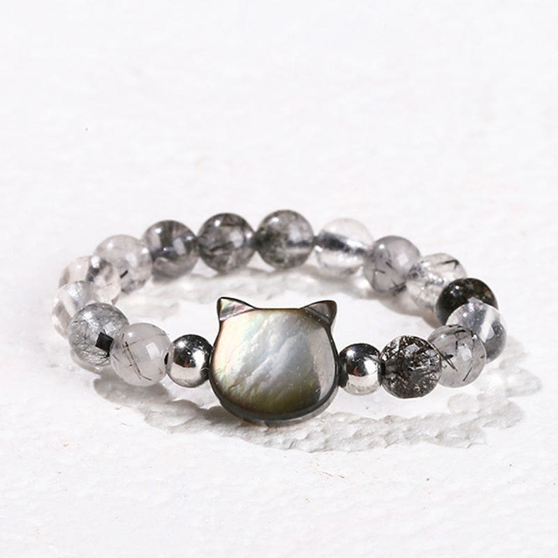 Anillo de conejo y gato con piedra Tridacna de cuarzo rutilado negro de 3 mm de Buddha Stones - Gato (cuerda elástica de 63 mm) - image 11