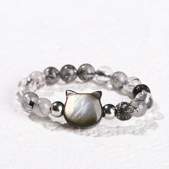 Anillo de conejo y gato con piedra Tridacna de cuarzo rutilado negro de 3 mm de Buddha Stones - Gato (cuerda elástica de 63 mm) - image 11