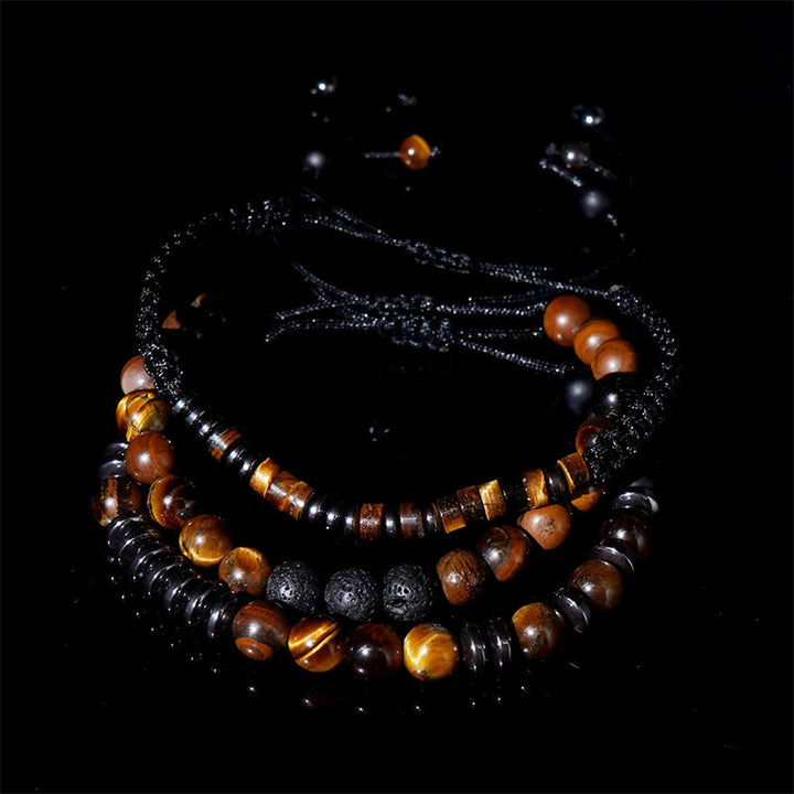 Juego de 3 pulseras protectoras de piedra de lava y ojo de tigre de Buddha Stones
