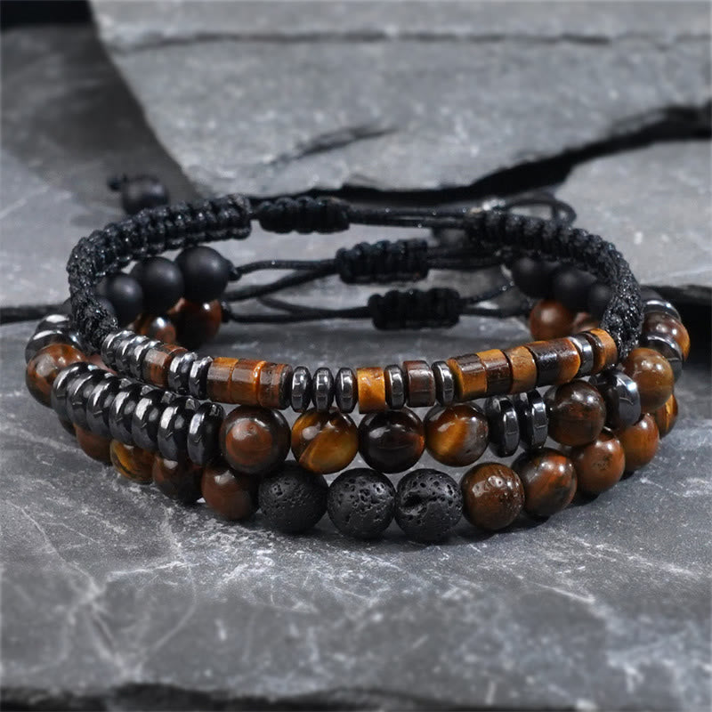 Juego de 3 pulseras protectoras de piedra de lava y ojo de tigre de Buddha Stones