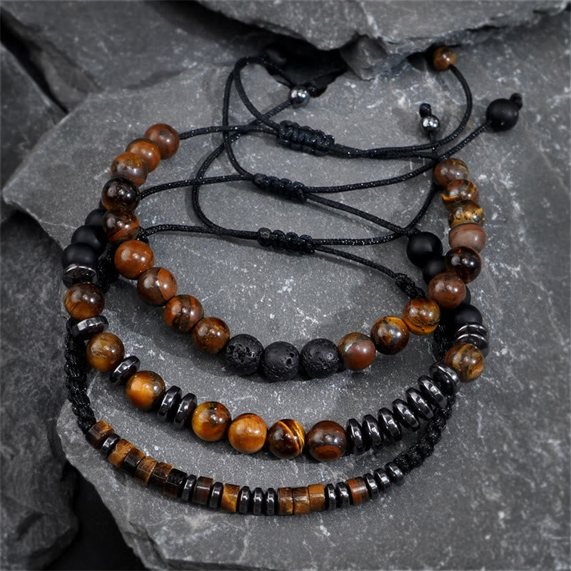 Juego de 3 pulseras protectoras de piedra de lava y ojo de tigre de Buddha Stones