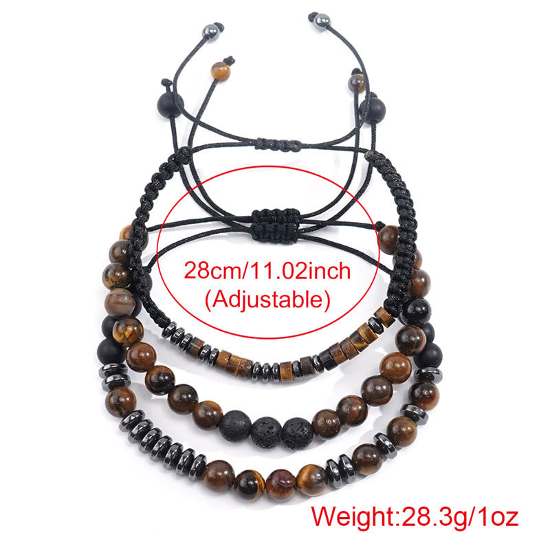 Juego de 3 pulseras protectoras de piedra de lava y ojo de tigre de Buddha Stones