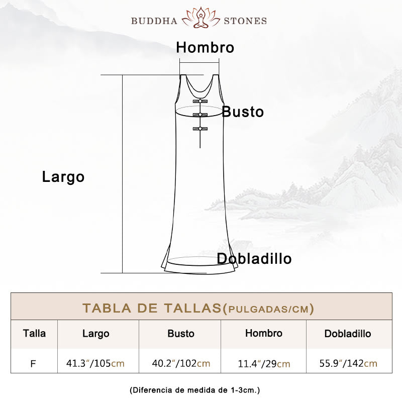 Vestido de lino ramio sin mangas hasta la rodilla con bolsillos y botones de rana, estampado de Buddha Stones. - image 3
