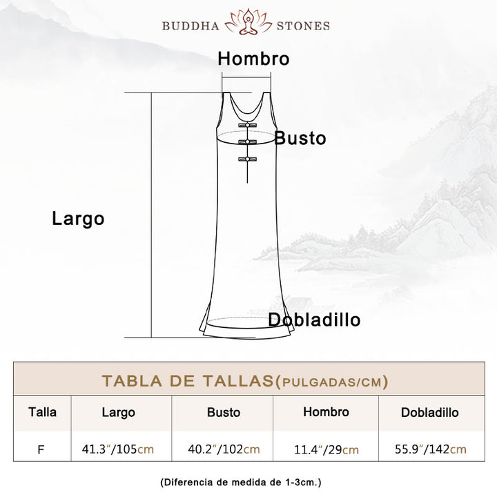 Vestido de lino ramio sin mangas hasta la rodilla con bolsillos y botones de rana, estampado de Buddha Stones. - image 3