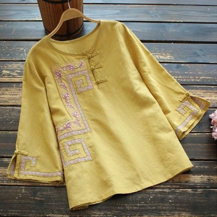 Camisa de lino y algodón con manga tres cuartos para mujer, con bordado de Buddha Stones de rana - Caqui - US14, UK/AU18, EU46 (4XL) - image 0