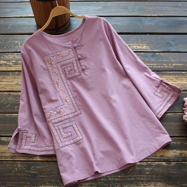 Camisa de lino y algodón con manga tres cuartos para mujer, con bordado de Buddha Stones de rana - Ciruela - US14, UK/AU18, EU46 (4XL) - image 1