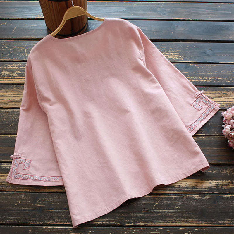 Camisa de lino y algodón con manga tres cuartos para mujer, con bordado de Buddha Stones de rana - image 4