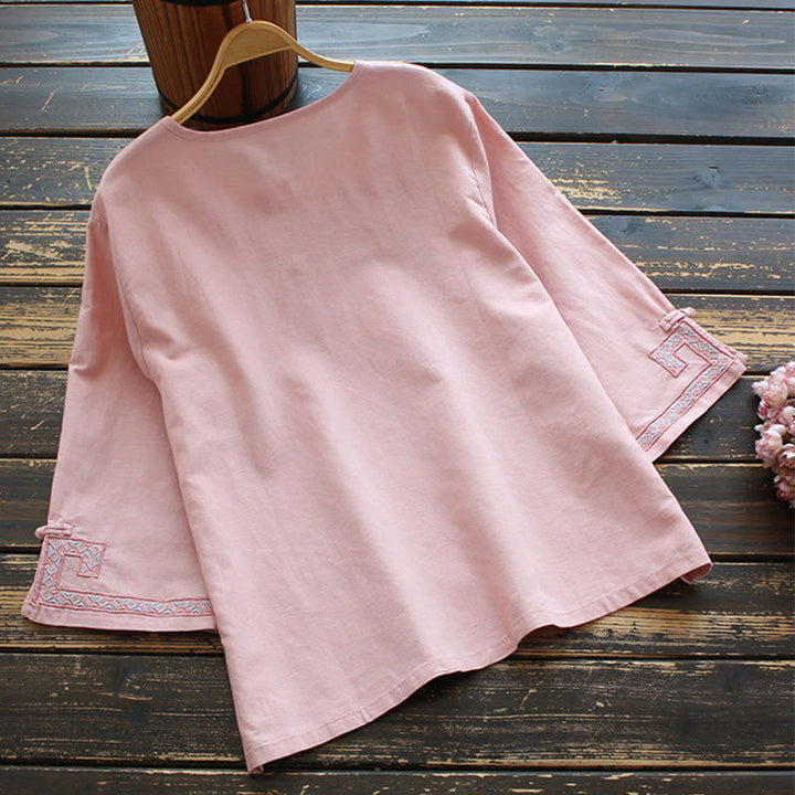 Camisa de lino y algodón con manga tres cuartos para mujer, con bordado de Buddha Stones de rana - image 4