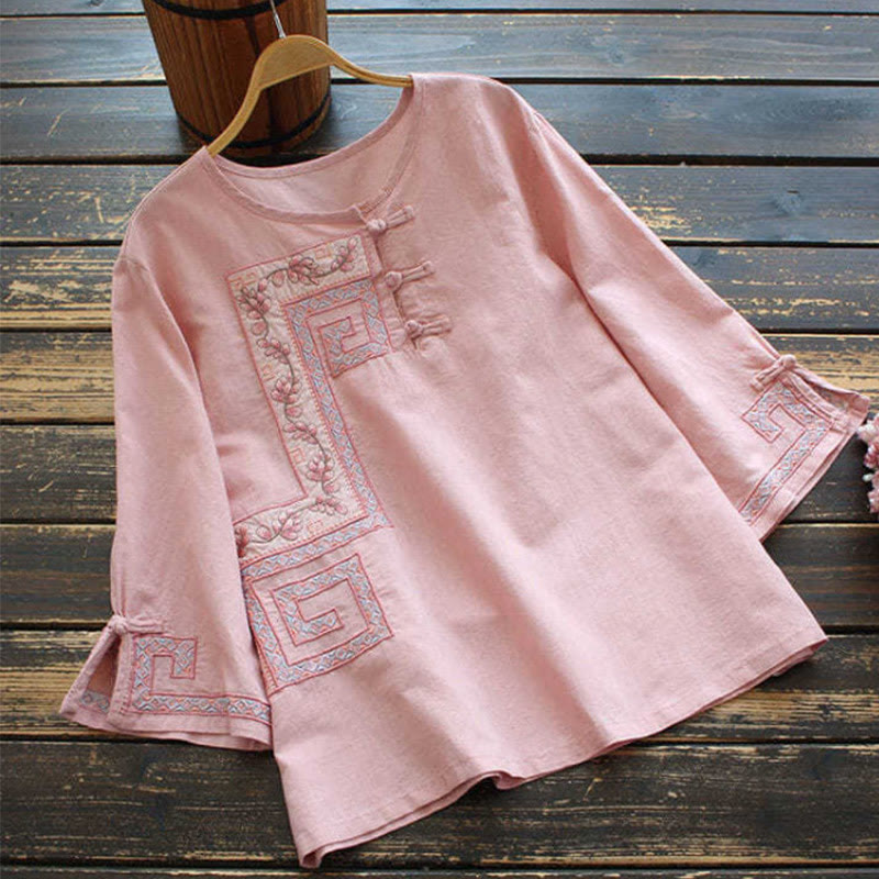 Camisa de lino y algodón con manga tres cuartos para mujer, con bordado de Buddha Stones de rana - Rosa - US14, UK/AU18, EU46 (4XL) - image 3