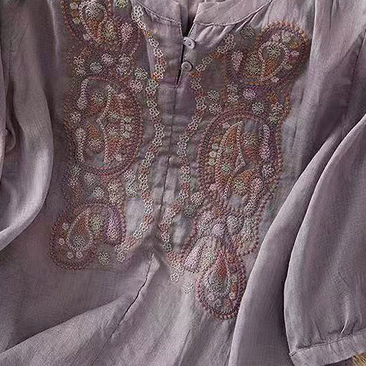 Camisa informal holgada de algodón con cuello redondo y botones de rana y bordado de Buddha Stones para mujer - image 2