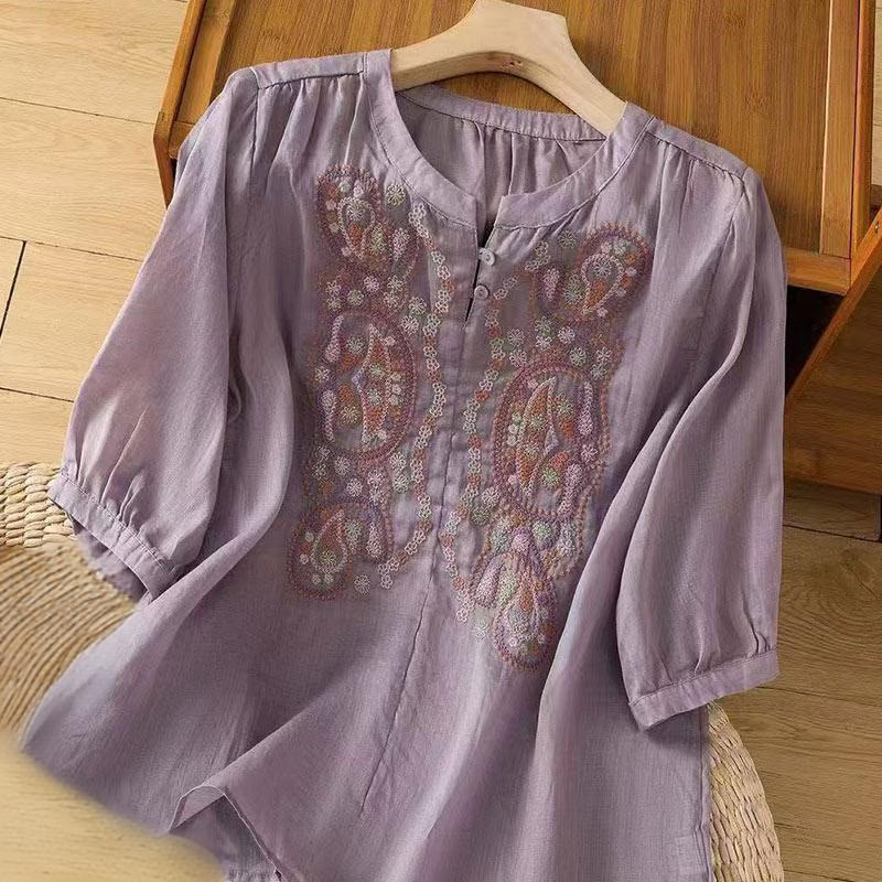 Camisa informal holgada de algodón con cuello redondo y botones de rana y bordado de Buddha Stones para mujer - Morado medio - US12, UK/AU16, EU44 (3XL) - image 0
