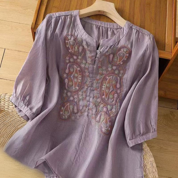 Camisa informal holgada de algodón con cuello redondo y botones de rana y bordado de Buddha Stones para mujer - Morado medio - US12, UK/AU16, EU44 (3XL) - image 0