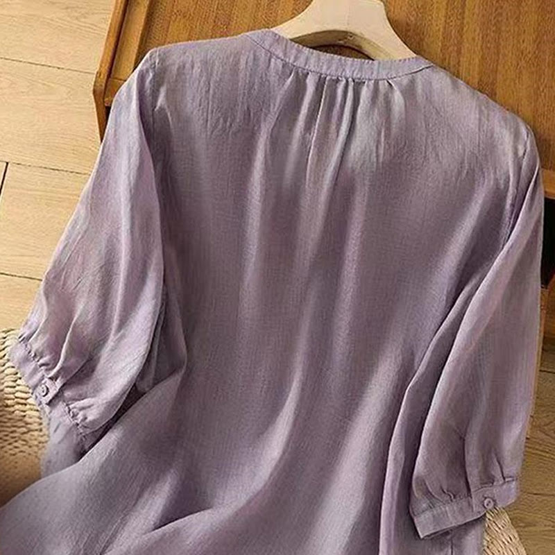 Camisa informal holgada de algodón con cuello redondo y botones de rana y bordado de Buddha Stones para mujer - image 1