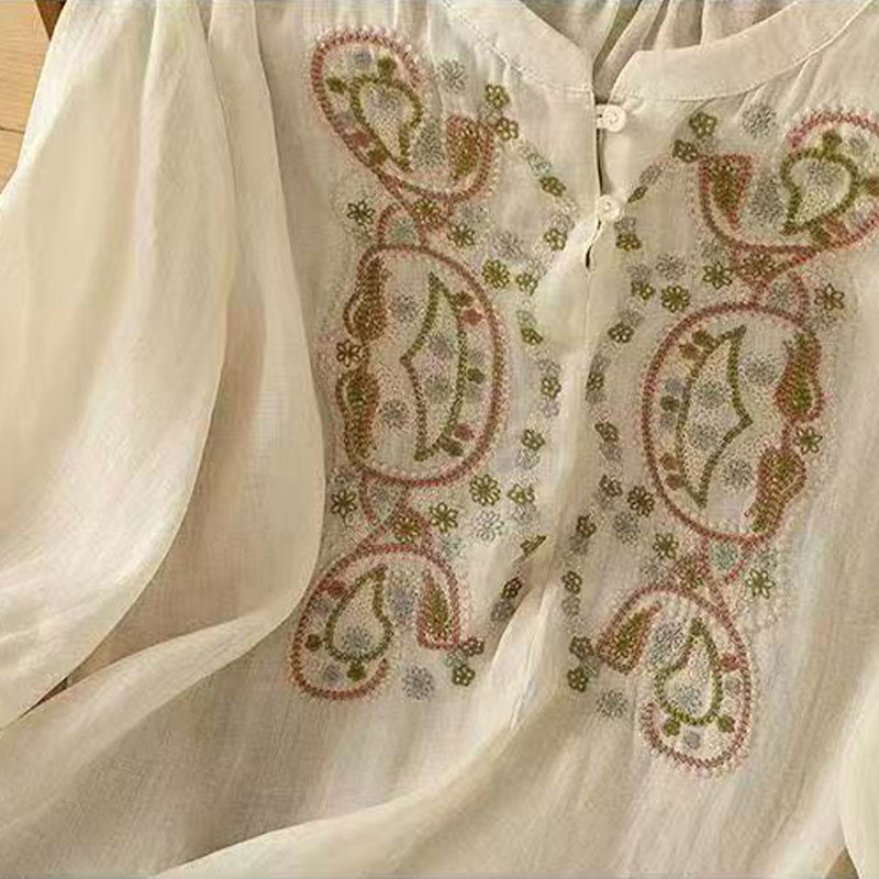 Camisa informal holgada de algodón con cuello redondo y botones de rana y bordado de Buddha Stones para mujer - image 7