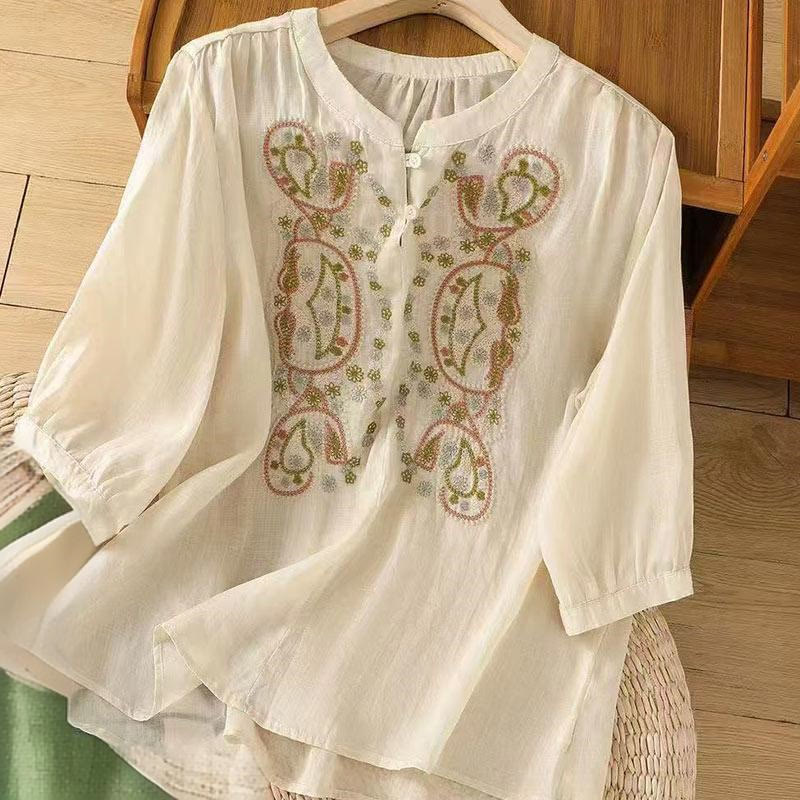 Camisa informal holgada de algodón con cuello redondo y botones de rana y bordado de Buddha Stones para mujer - Beige - US12, UK/AU16, EU44 (3XL) - image 5