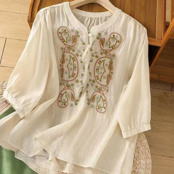 Camisa informal holgada de algodón con cuello redondo y botones de rana y bordado de Buddha Stones para mujer - Beige - US12, UK/AU16, EU44 (3XL) - image 5