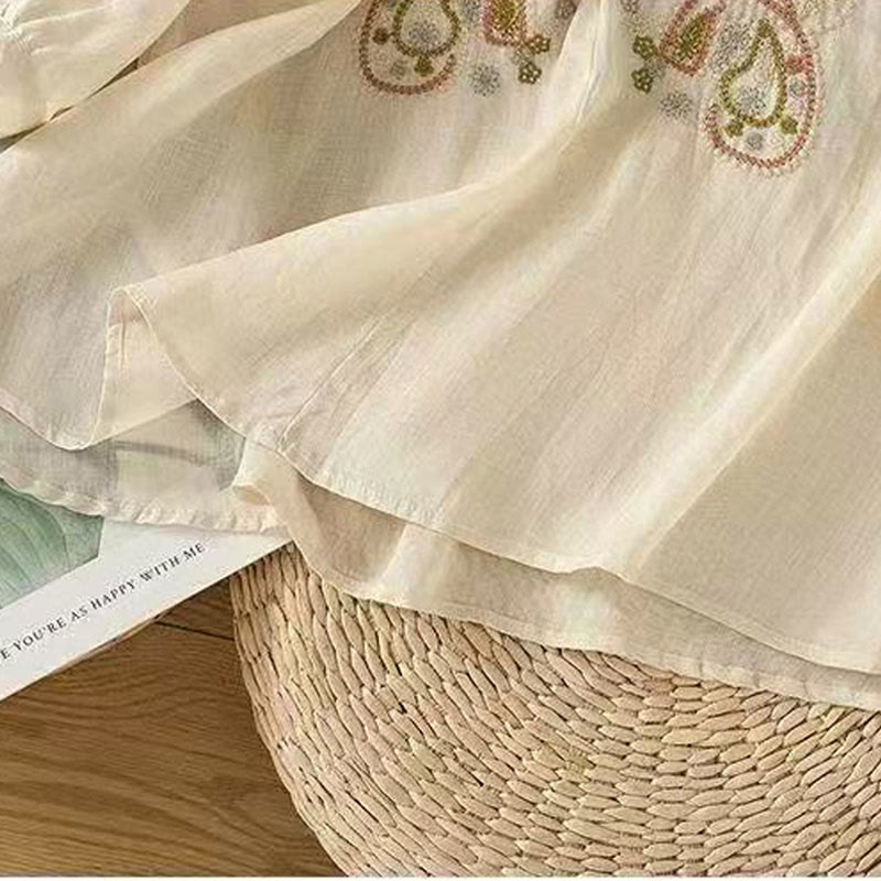 Camisa informal holgada de algodón con cuello redondo y botones de rana y bordado de Buddha Stones para mujer - image 10