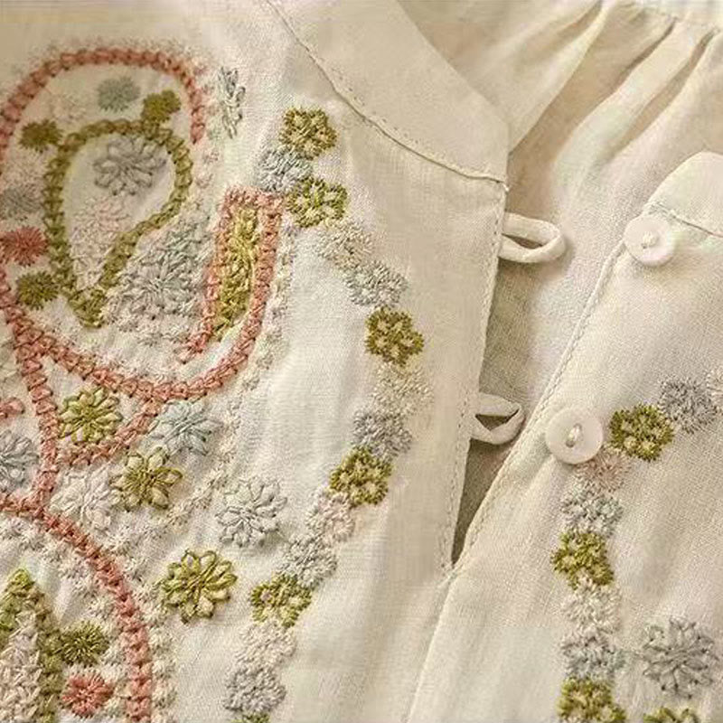 Camisa informal holgada de algodón con cuello redondo y botones de rana y bordado de Buddha Stones para mujer - image 11