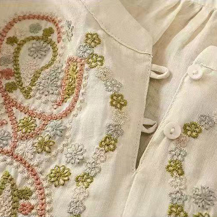 Camisa informal holgada de algodón con cuello redondo y botones de rana y bordado de Buddha Stones para mujer - image 11