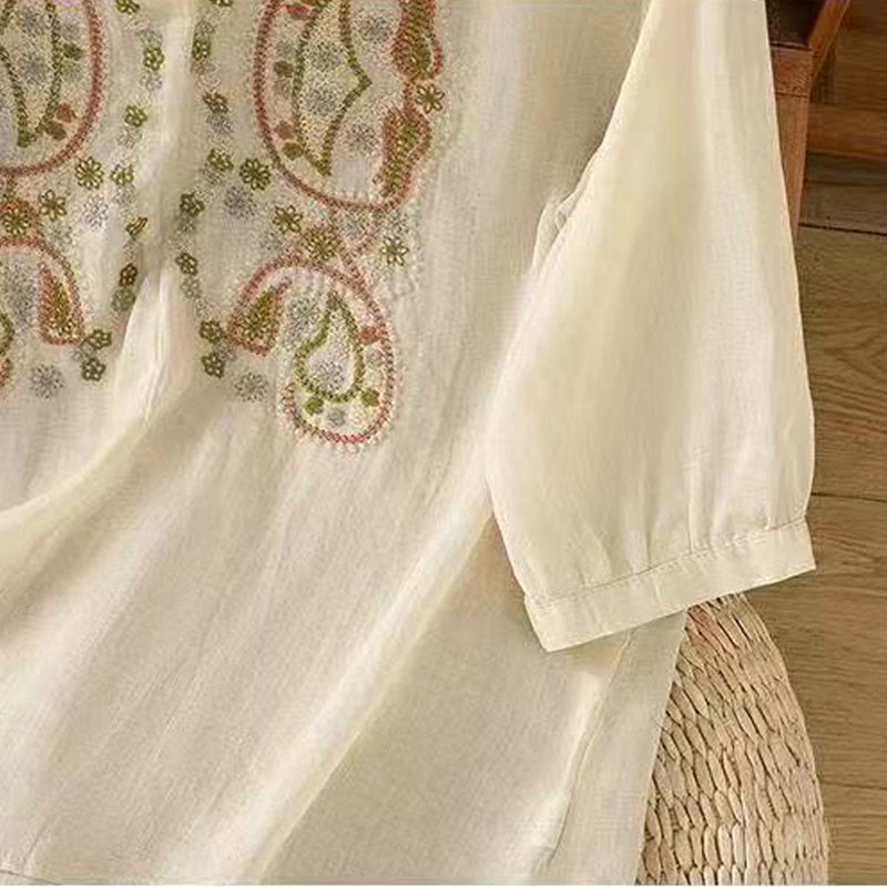 Camisa informal holgada de algodón con cuello redondo y botones de rana y bordado de Buddha Stones para mujer - image 6