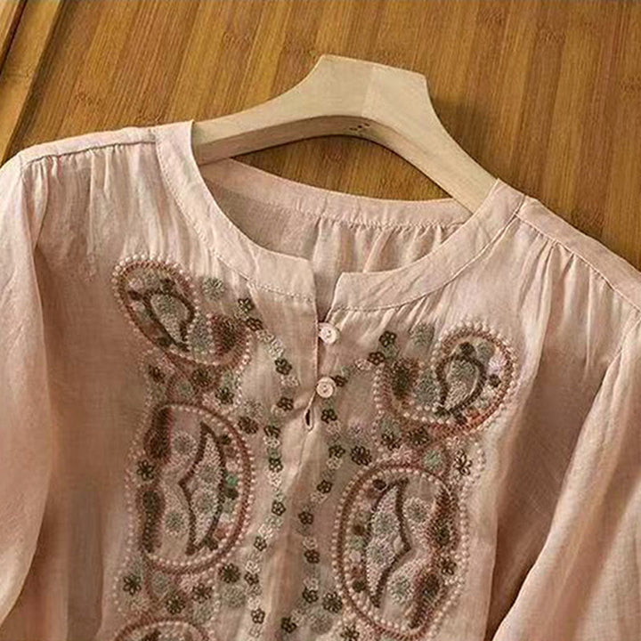 Camisa informal holgada de algodón con cuello redondo y botones de rana y bordado de Buddha Stones para mujer - image 15