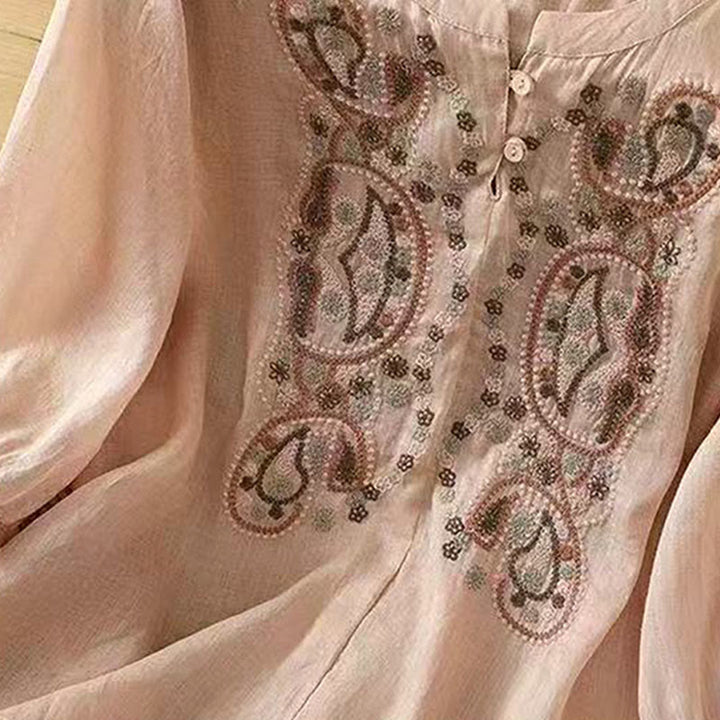 Camisa informal holgada de algodón con cuello redondo y botones de rana y bordado de Buddha Stones para mujer - image 14