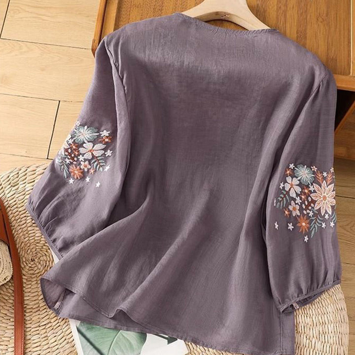 Camiseta informal de lino y algodón con bordado de flores y hojas de Buddha Stones para mujer, cuello redondo, manga tres cuartos - image 4