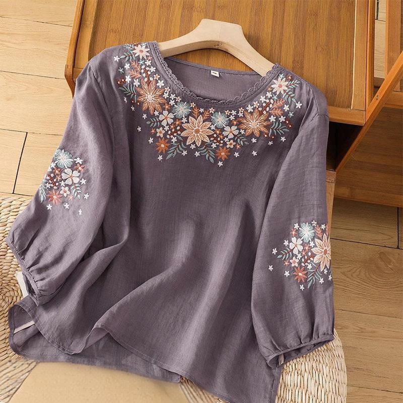 Camiseta informal de lino y algodón con bordado de flores y hojas de Buddha Stones para mujer, cuello redondo, manga tres cuartos - Morado medio - US12, UK/AU16, EU44 (3XL) - image 0