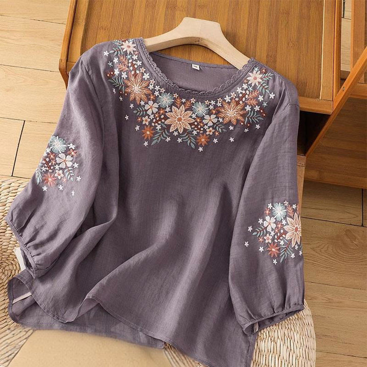 Camiseta informal de lino y algodón con bordado de flores y hojas de Buddha Stones para mujer, cuello redondo, manga tres cuartos - Morado medio - US12, UK/AU16, EU44 (3XL) - image 0