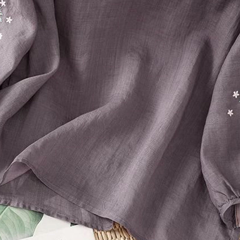 Camiseta informal de lino y algodón con bordado de flores y hojas de Buddha Stones para mujer, cuello redondo, manga tres cuartos - image 2